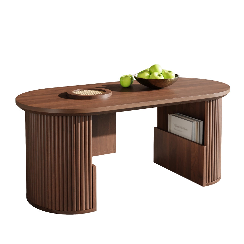 OKWISH Tavolino da Caffè Ovale con Vani Integrati e Ripiani Aperti, per Soggiorno, MDF, Noce, 105×50×46,5 cm