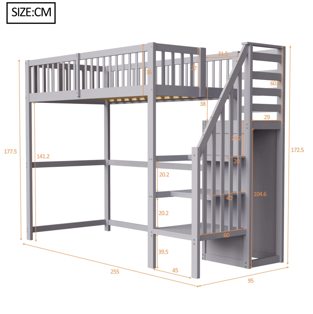 LETTO A CASTELLO 90x200 cm in legno grigio con scala e armadietto