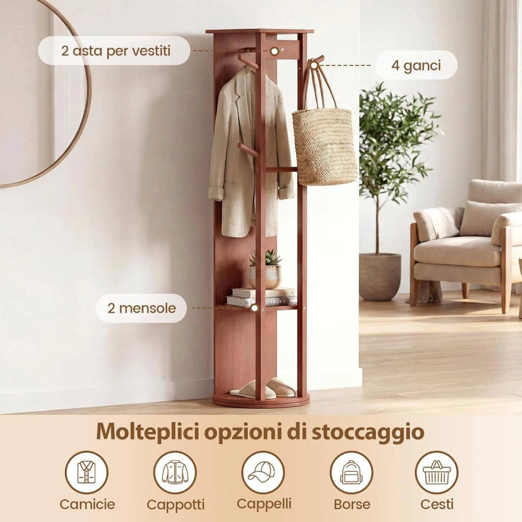 Appendiabiti Girevole a 360° con Specchio, Specchio a Figura Intera da Terra con Ripiani e Ganci, Appendiabiti per Soggiorno, Camera da Letto e Guardaroba (Stile 3)