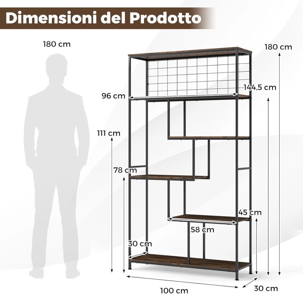 Scaffale Porta Piante a 6 Livelli, Portavasi da Interno con Rete Metallica, Scaffale Espositore Organizzatore per Soggiorno, Ufficio e Studio, 100 x 30 x 180 cm