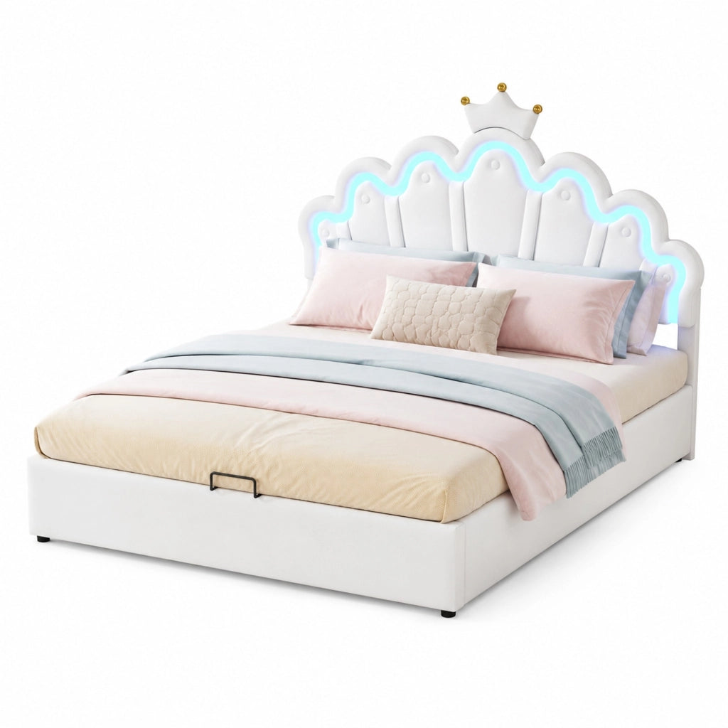 Letto imbottito 140x200 cm con contenitore e LED; testiera a nuvola con corona; PU bianco