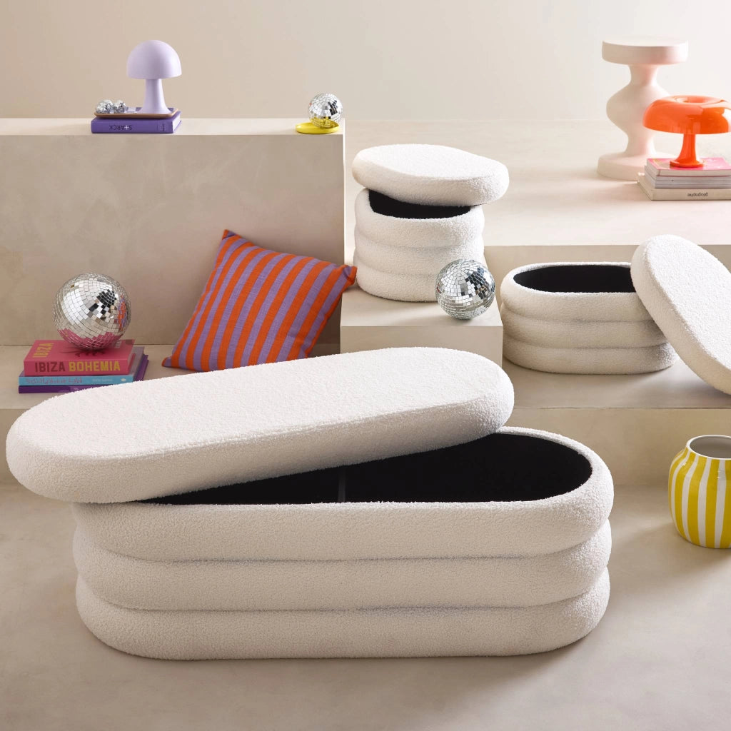 Panca contenitore con 2 pouf contenitori bouclé, bianco