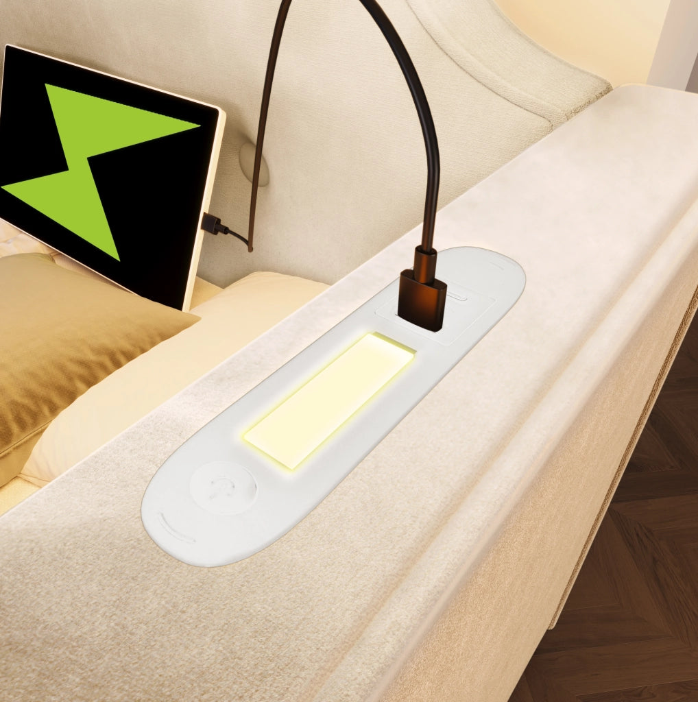 Letto imbottito 90x200 cm in velluto beige con USB Type-C; lampada e 2 cassetti