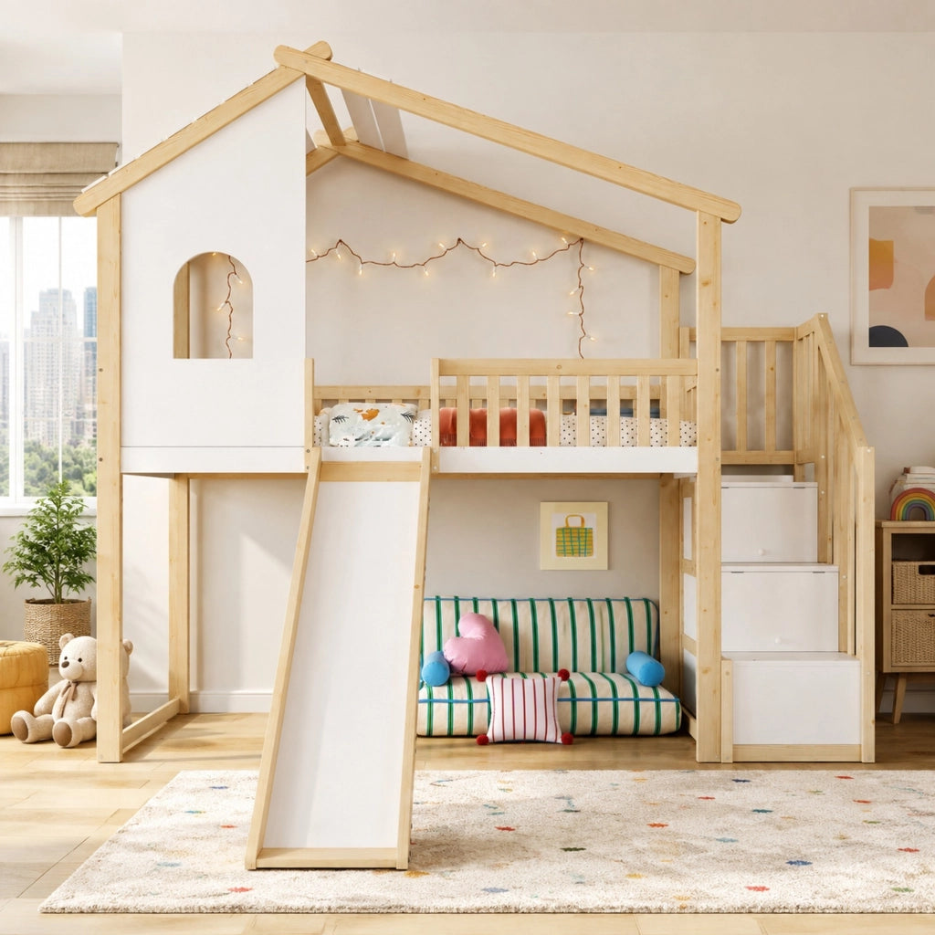 Letto a soppalco per bambini 90x200 cm con scivolo