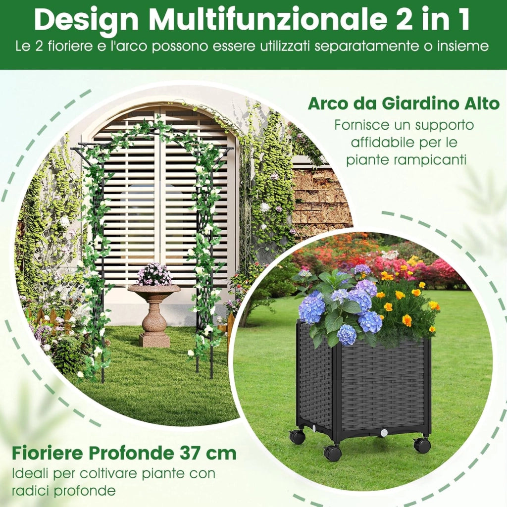 Arco da Giardino con 2 Fioriere Auto-irriganti e Ruote, Supporto per Piante in Metallo Rivestita PE Antiruggine, Grande Arco per Viti e Rose da Matrimonio all'Aperto (Grigio)