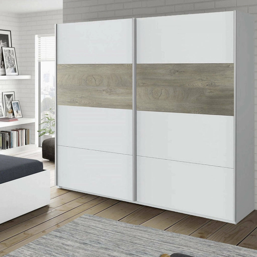 Guardaroba Ainu, Armadio per camera da letto a 2 ante scorrevoli, Mobile con barra appendiabiti e 3 ripiani, cm 180X60h200, Bianco e Rovere