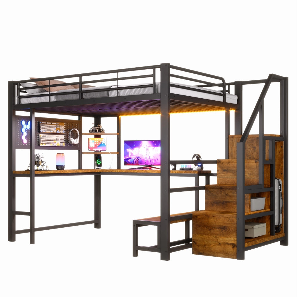 Letto a soppalco in metallo 140x200 cm, letto alto matrimoniale con scrivania, pannello forato, scala contenitore, prese USB/USB-C, ripiani e illuminazione LED, nero