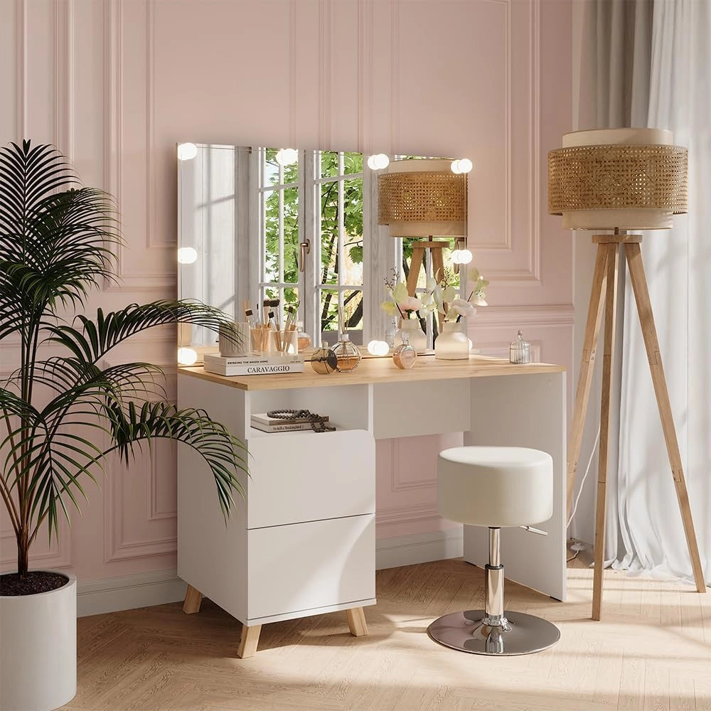 Tavolo da toeletta Karen, Bianco/Artisan, 110 cm con sgabello e luci fiabesche a LED, Materiali robusti per un utilizzo duraturo