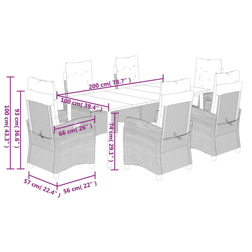 Set da Pranzo da Giardino 7 pz Cuscini Polyrattan Grigio Chiaro