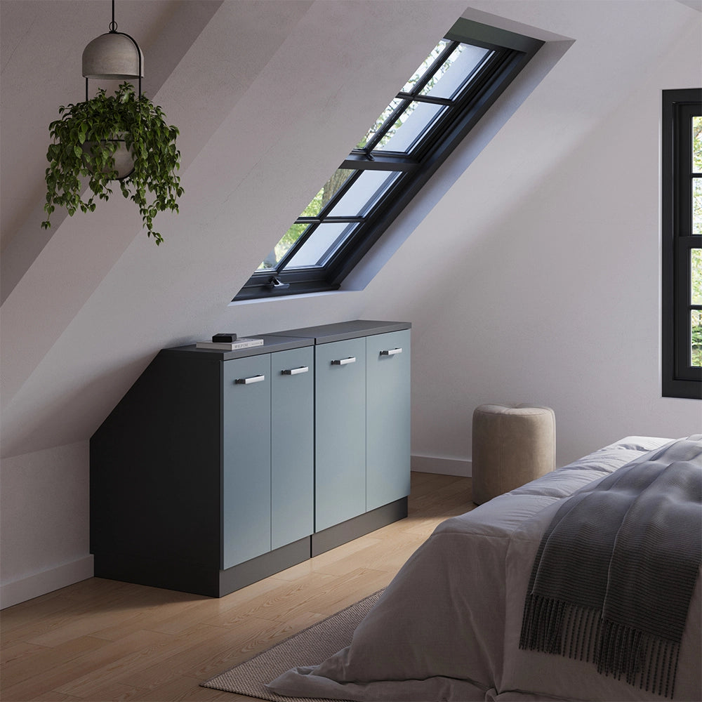 Set di mobili sottotetto Rion Grigio-blu/Antracite 140 cm Set di 2 carcasse armadio profondità 60 cm Vicco