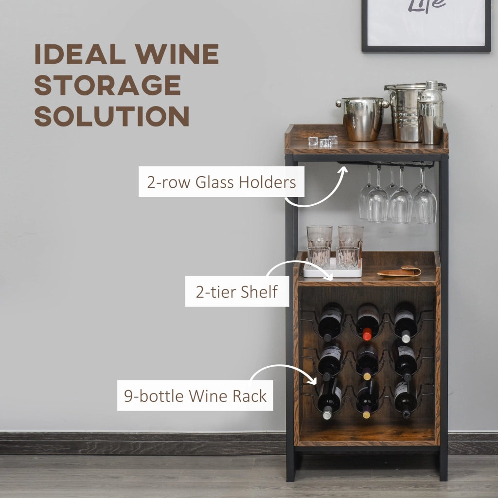 Mobile Portabottiglie Stile Industriale con Cantinetta Vini per 9 Bottiglie e Portacalici   Marrone