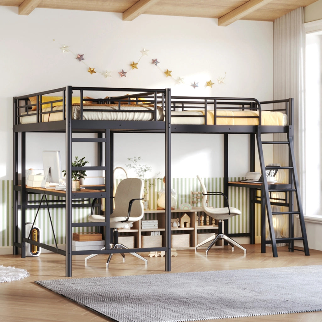 Letto a soppalco 90 × 200 cm 1 posto con scrivania; scala e barriera alta; senza materasso; in metallo e MDF; nero