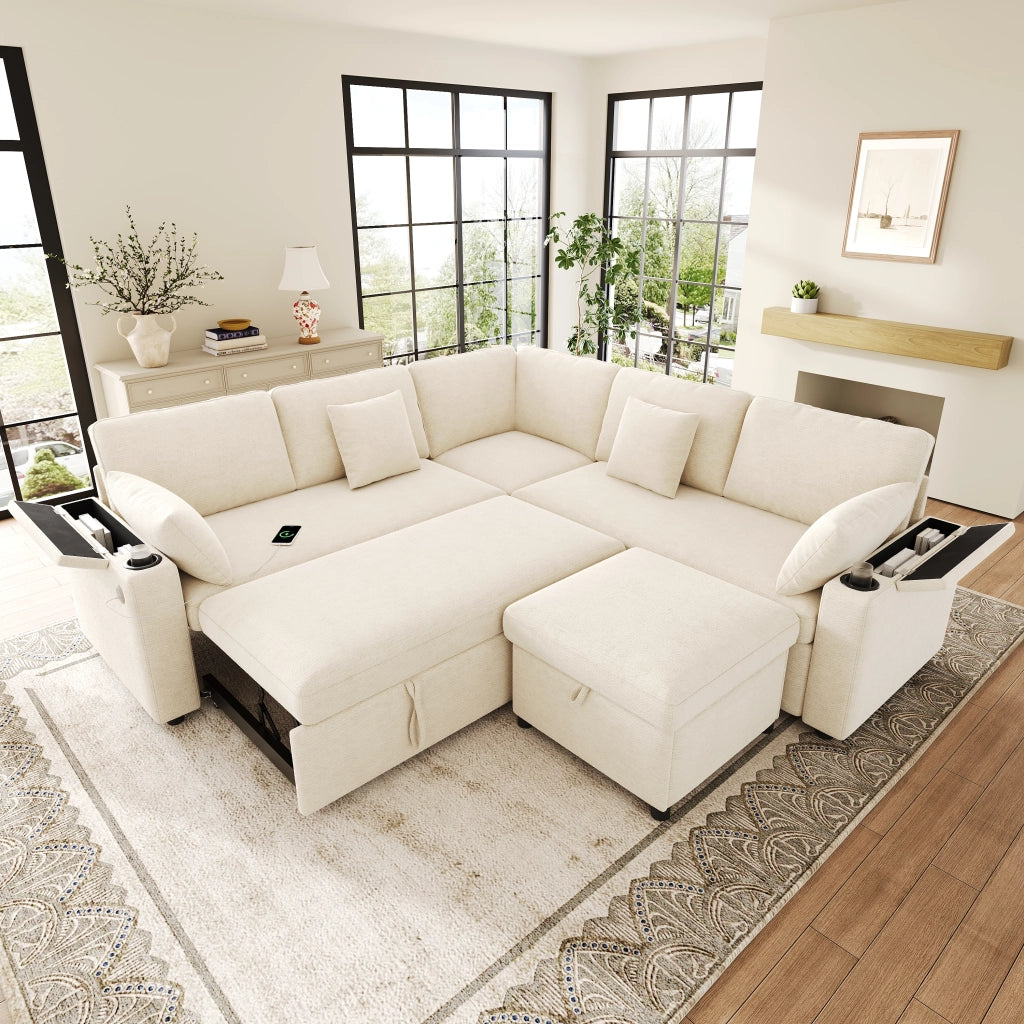 DIVANO ANGOLARE MODULARE LETTO 204x204x83 cm Chenille Beige con Hocker