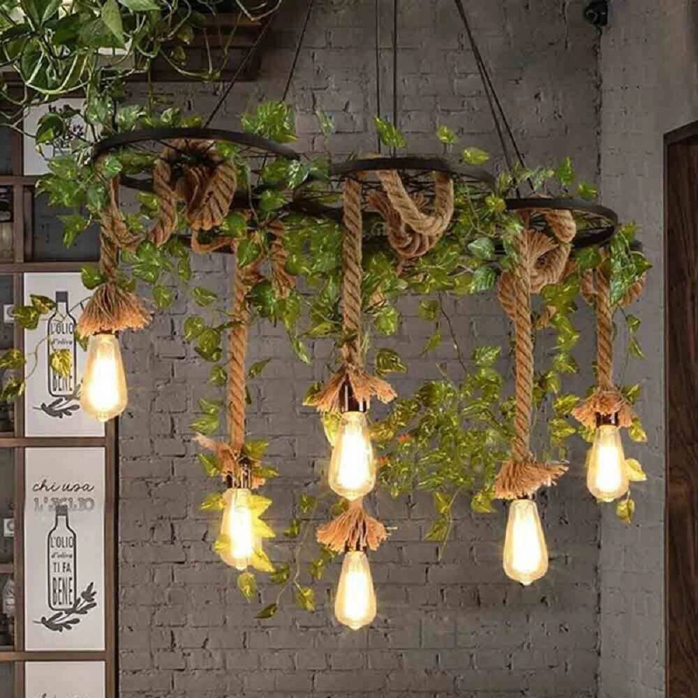 Trade Shop - Lampadario A Sospensione Con Corde Canapa 6 Portalampada E27 Retrò Country A89-6 -