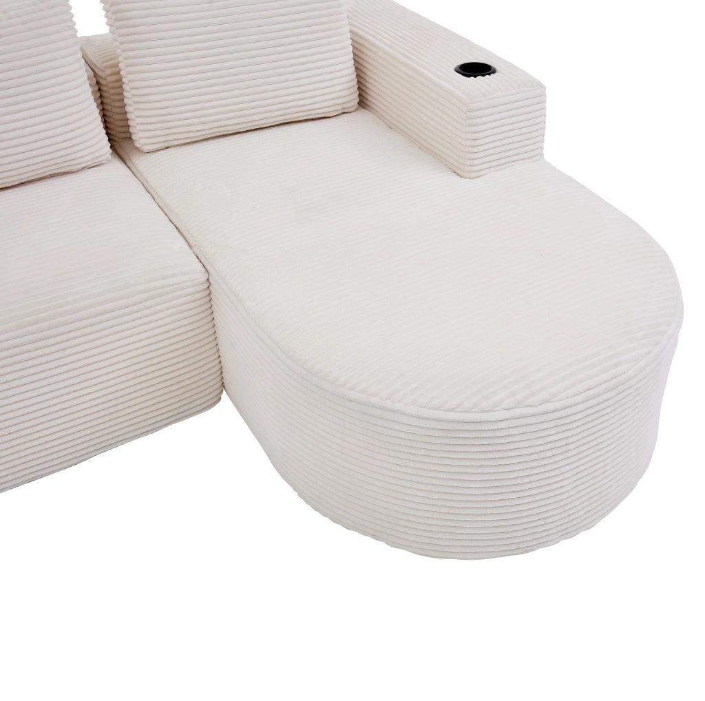 Divano doppio 265 cm con tre cuscini e due portabicchieri, adatto per soggiorni, appartamenti e uffici piccoli