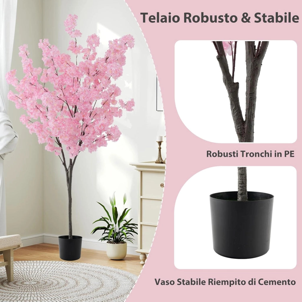 Albero di Finti Fiori di Ciliegio, Albero Artificiale con 900 Fiori Rosa, Tronco in PE Robusto, Base Riempita di Cemento, Pianta Floreale Finta in Vaso per Ufficio e Casa