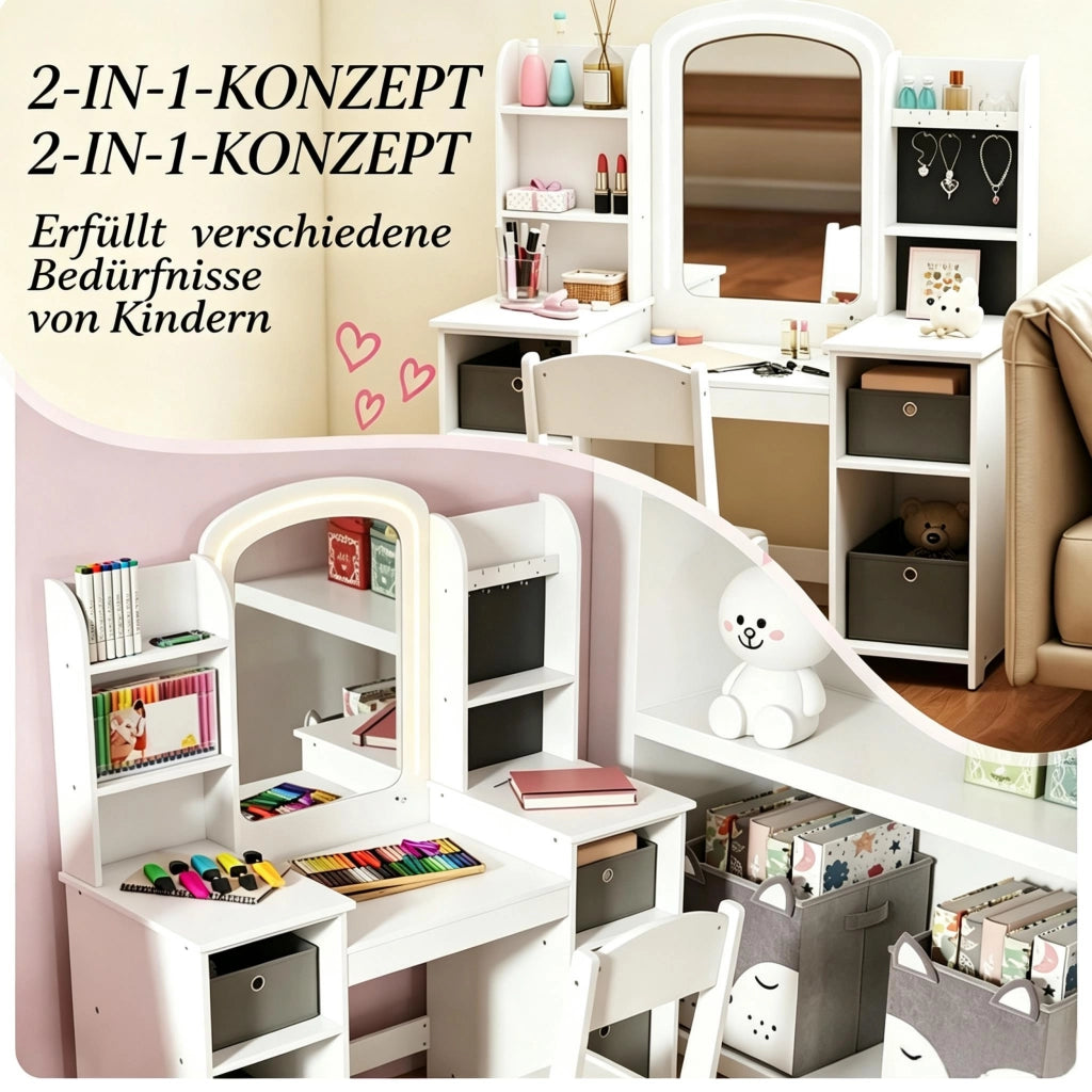 Set da parrucchiere per bambini con sgabello e specchio a LED, tavolo da trucco per bambini dai 3 agli 8 anni.