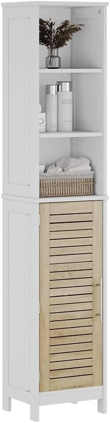 Armadio per il bagno Looma, Bianco/quercia, 35 x 173 cm con 6 scomparti, utilizzabile come armadio sovrapponibile per lavatrice o WC