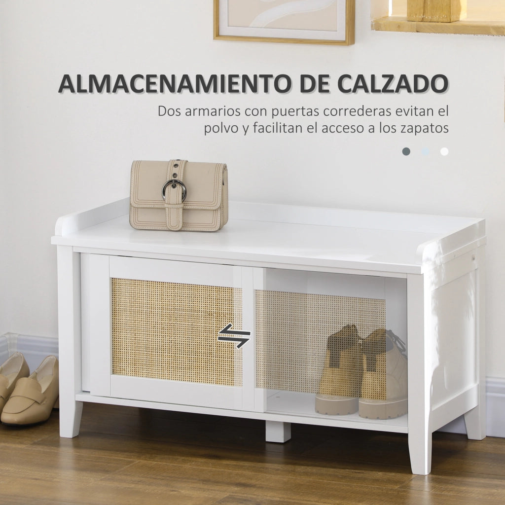Scarpiera con Panca e 2 Ante in Rattan ¨C Xylo ¨C Bianco e Naturale 80x35x45 cm