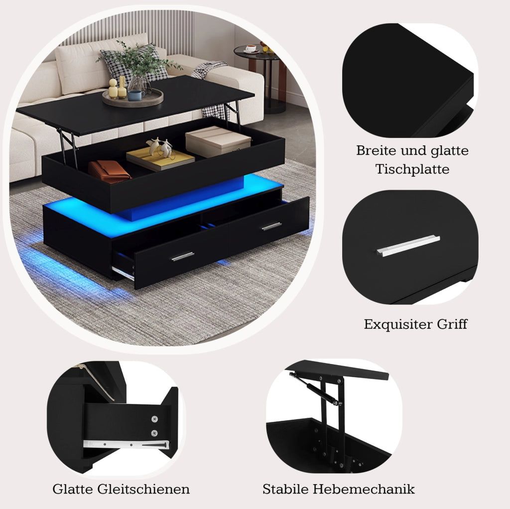 Tavolino da salotto sollevabile 100x50x44 cm in truciolare nero con LED e 2 cassetti