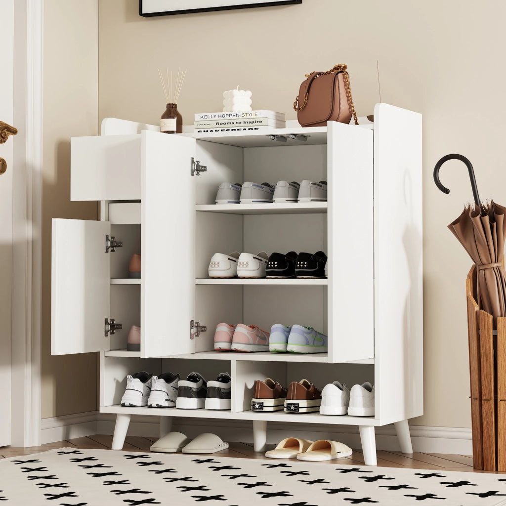 Mobile contenitore moderno con ripiani regolabili e gambe in legno massiccio, bianco, H99 x L90 x P35 cm