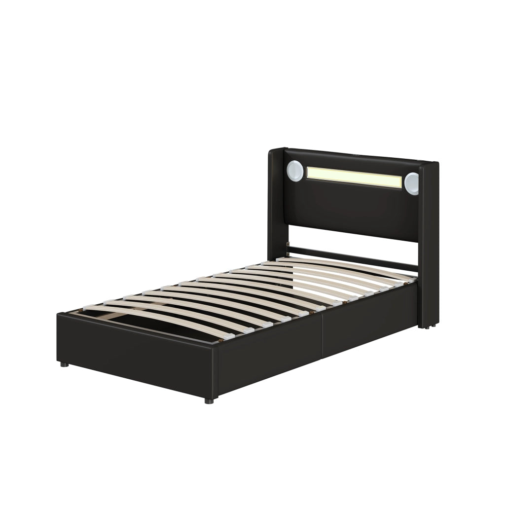 OKWISH Letto Bambino 90×200 cm, Letto Singolo con Contenitore, LED e Altoparlante Bluetooth e USB, senza Materasso, in Ecopelle, Nero