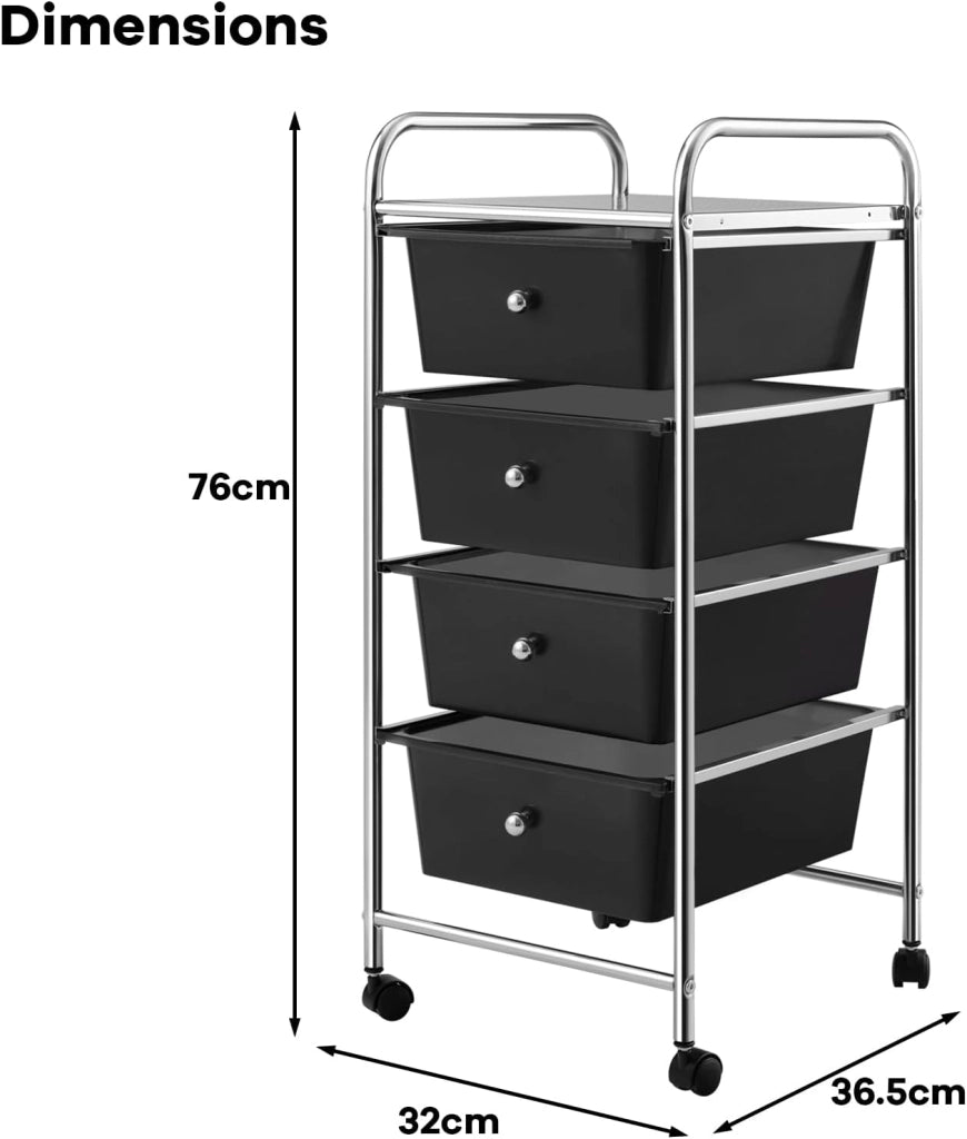 Carrello con 4 cassetti impilabili, carrello per cassetti, carrello da cucina con ruote, carrello portaoggetti, per cucina, bagno, ufficio, 32 x 37 x 76 cm (nero)