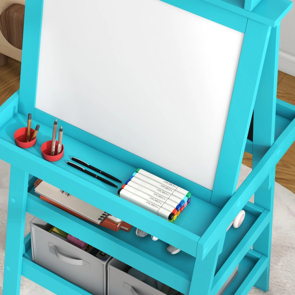 Cavalleto per Bambini 3 in 1 Lavagna Magnetica e Gessetti con Rotolo Carta e Cestini ¨C Minimal ¨C Blu