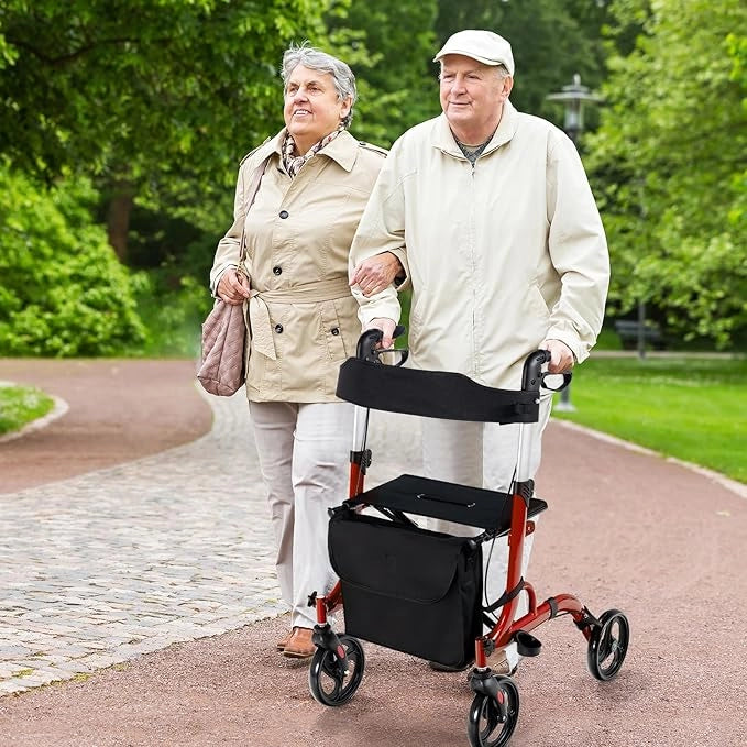 Deambulatore con Seduta 2 in 1, Rollator Pieghevole, Deambulatore per Anziani con 4 Ruote, Maniglie Regolabili Freni, con Doppia Funzione Schienale Reversibile e Borsa Portaoggetti (Rosso)