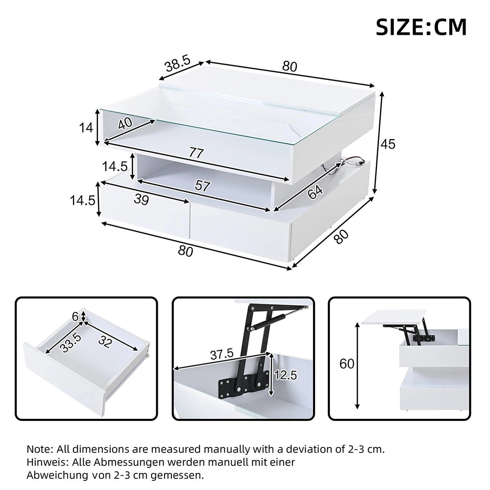 Tavolino regolabile - Xylo - 80x80cm vetro temperato 2 cassetti LED bianco