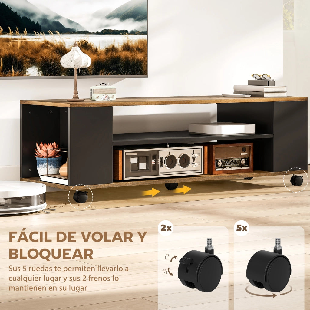 Mobile TV con ruote ¨C Xylo ¨C 4 ripiani, legno noce e nero, 120x40x38,5 cm