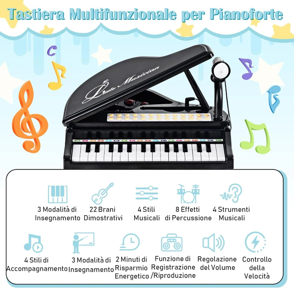Tastiera Pianoforte a 31 Tasti per Bambini con Microfono e Sgabello, Tasti Giocattolo Portatile con Modalità di Insegnamento a LED, Pianoforte a Coda per Bambini 3+ Anni (Nero)