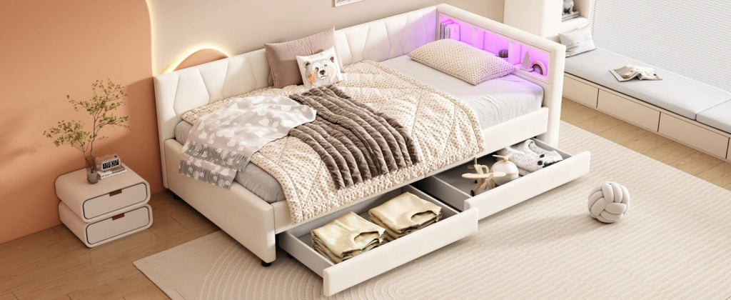 Letto singolo 90 ¡Á 200 cm con due cassetti USB e Type-C LED in lino e MDF beige