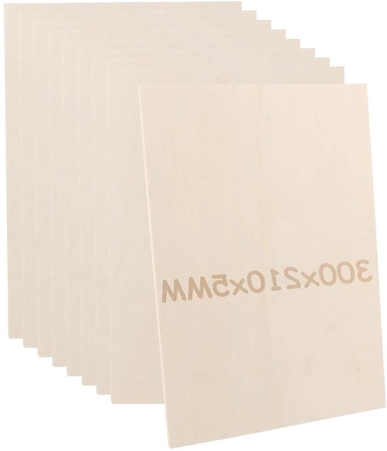 Set di 10 Pannelli di Legno 5 mm, 300 x 210 mm, A4, Legno per Progetti Creativi, Lavorazione DIY, Taglio Laser e Pittura.