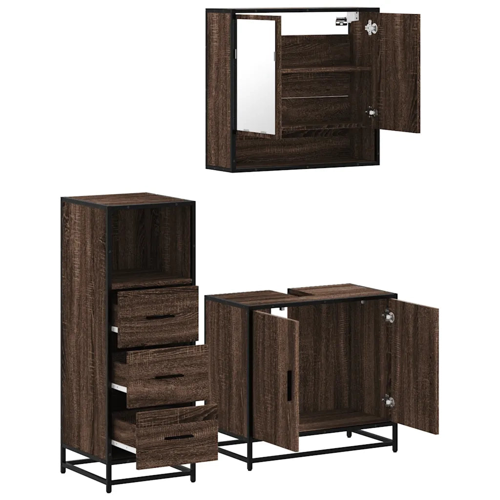 Set Mobili da Bagno 3 pz Rovere Marrone in Legno Multistrato