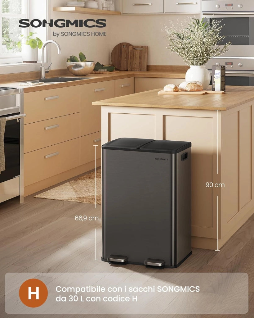 SONGMICS Cestino da Cucina, 2 x 30 L, 2 Scomparti, Pattumiera a Pedale con Coperchio a Chiusura Morbida e Secchio Interno, Acciaio Inossidabile, 15 Sacchi Inclusi, Grigio Ardesia LTB741G01