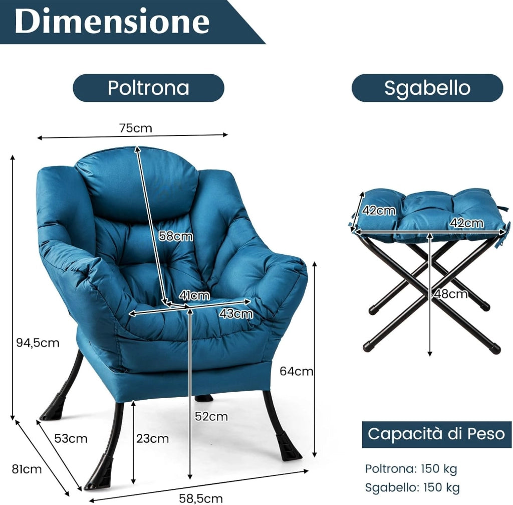 Poltrona Pigra con Poggiapiedi, Poltrona da Lettura Moderna con Cuscino, Braccioli, Poltrona d'Accento per Soggiorno, Camera da Letto, Ufficio e Esterno (blu)