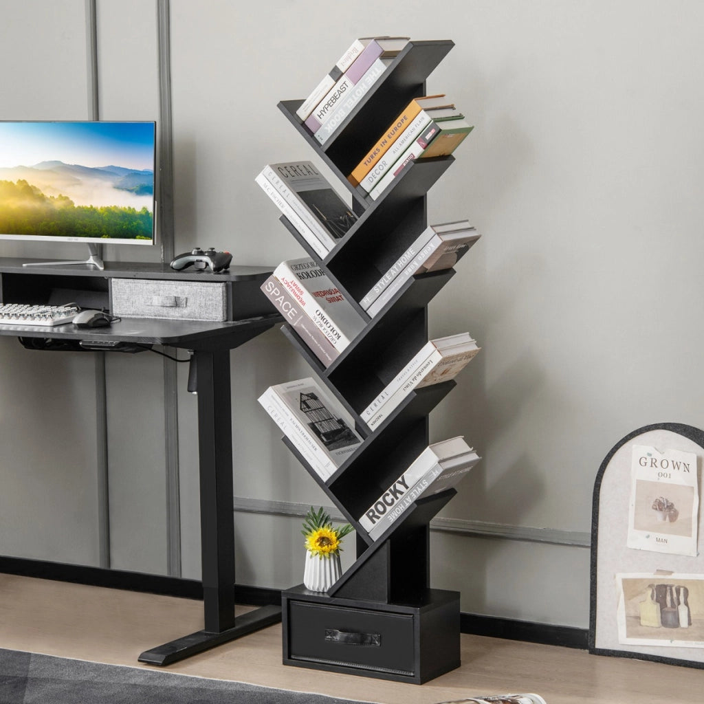 Scaffale ad albero a 10 ripiani con cassetto-Scaffale da terra per camera da letto soggiorno e ufficio Nero