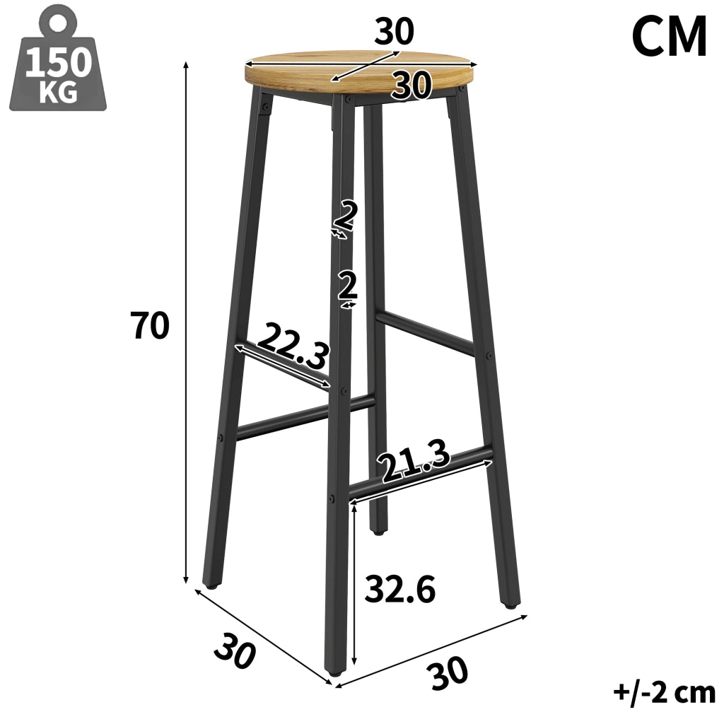 Sgabello da bar set da 2 con doppio poggiapiedi e piedini regolabili in metallo nero e seduta effetto legno 70 cm