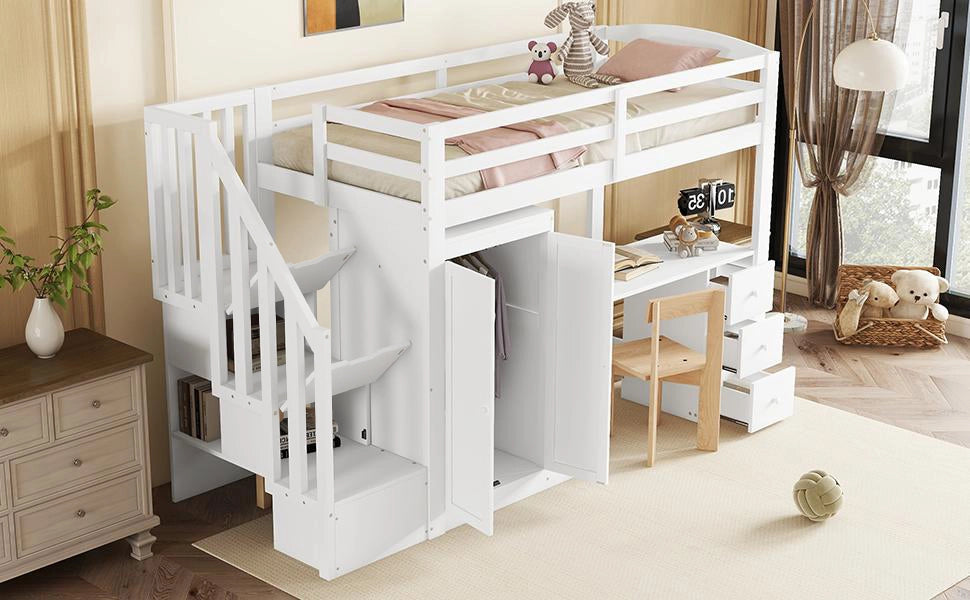 LETTO a soppalco 90x200 cm bianco in legno di pino con scrivania e armadio
