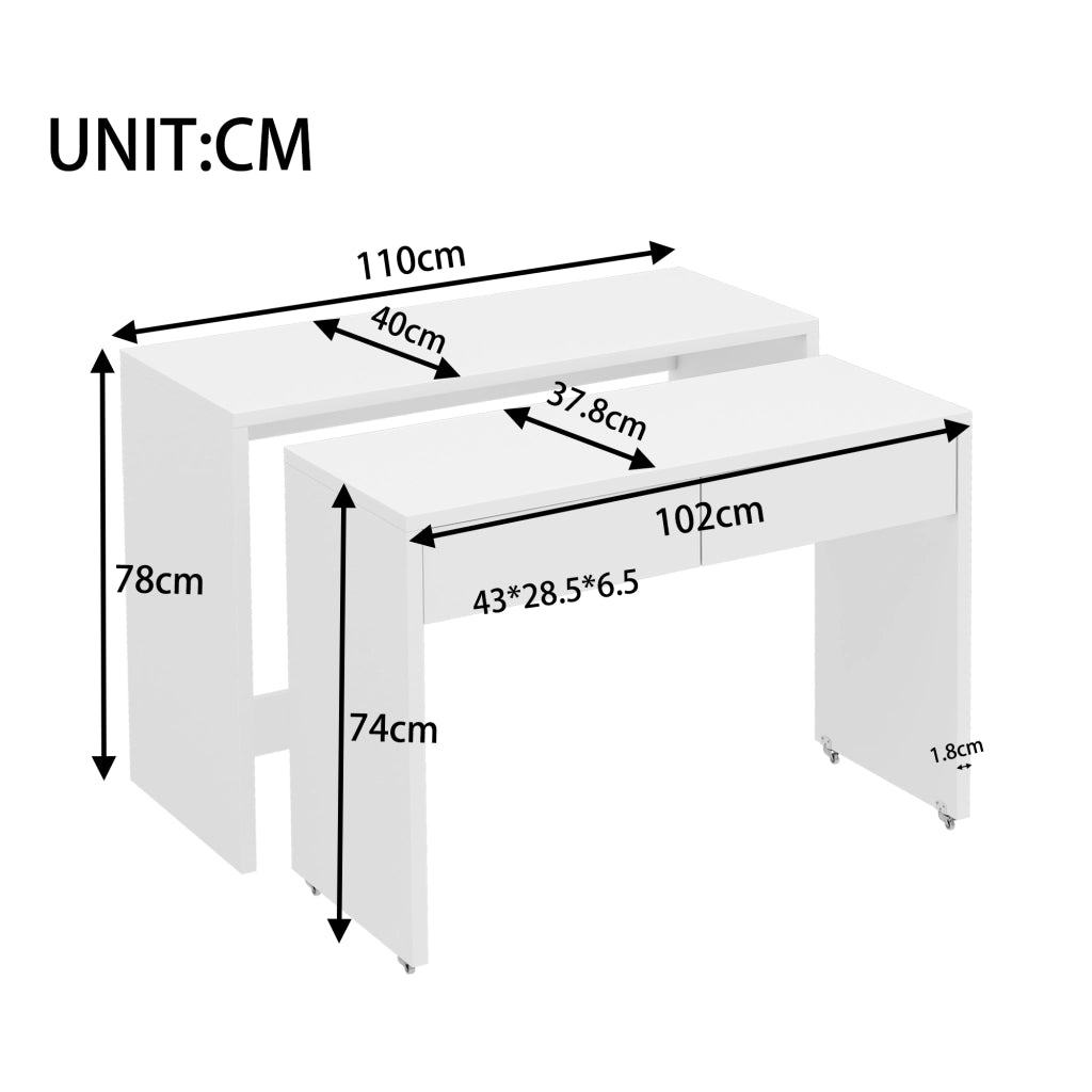 Scrivania pieghevole multifunzionale 2 in 1 con 2 cassetti e ruote, bianco, per studio e camera 110 × 40 × 78 cm