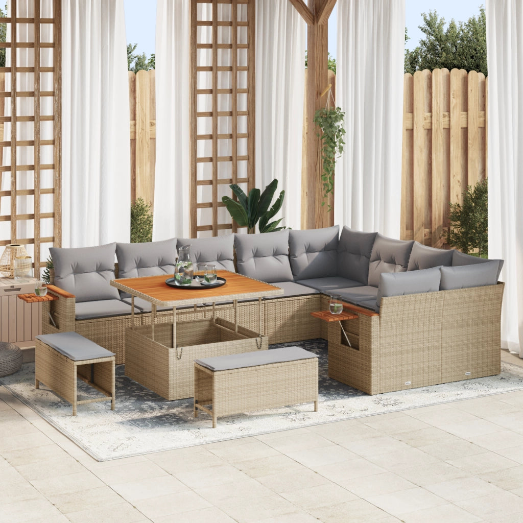 Set Divano da Giardino  da 12 Pezzi con Cuscini Beige in Polyrattan Acacia