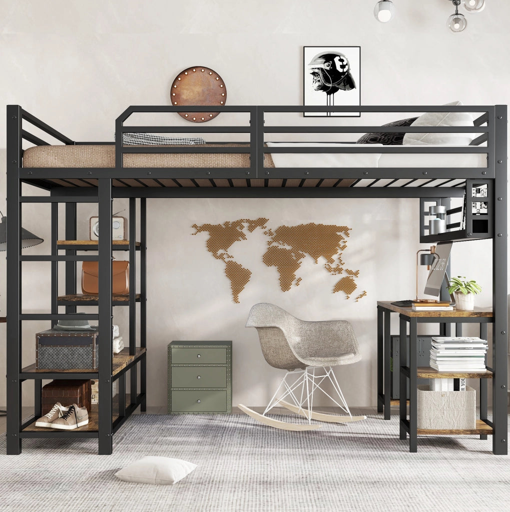 Letto a soppalco 120x200 cm con scrivania e ripiano; struttura in metallo e legno; nero e noce scuro