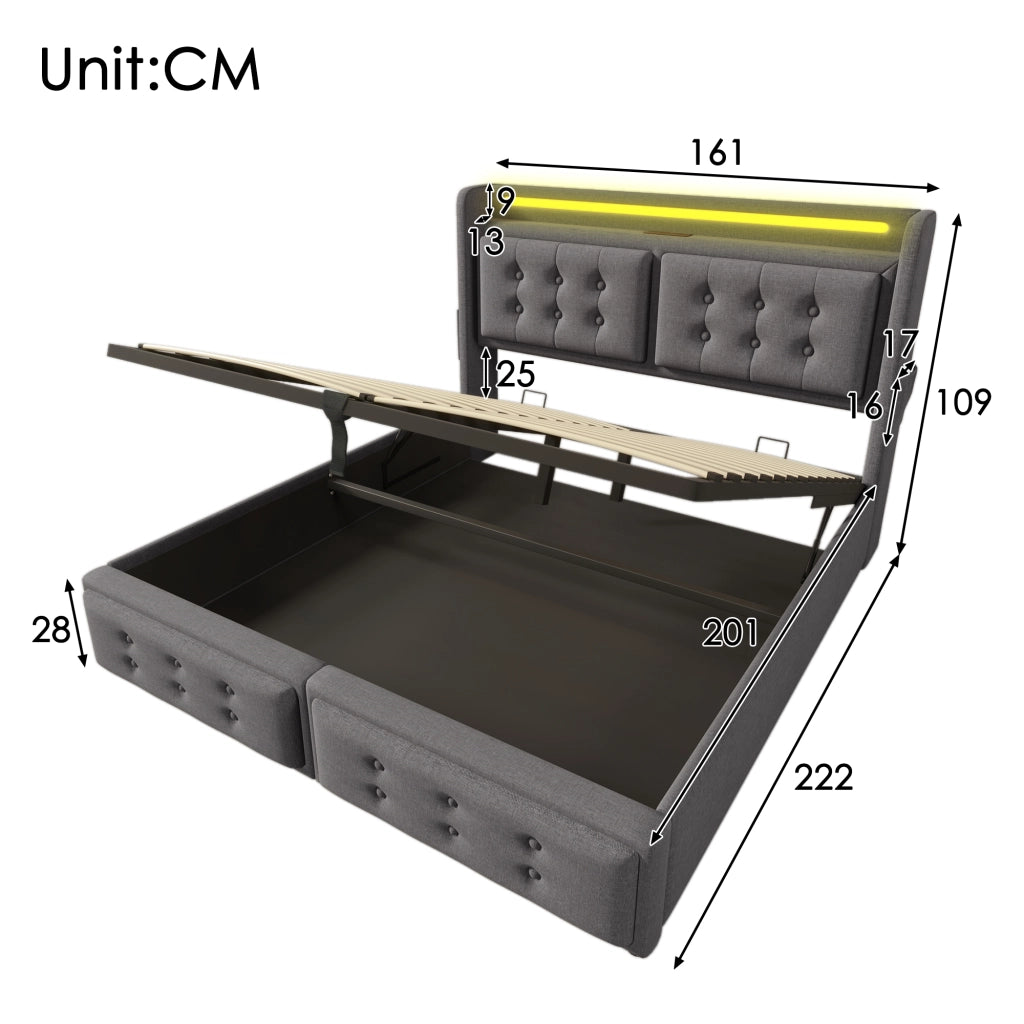 OKWISH Letto Contenitore 160×200 cm, Letto Matrimoniale con Prese, USB, Tipo C, LED Regolabile e Vano Contenitore, senza Materasso, Grigio