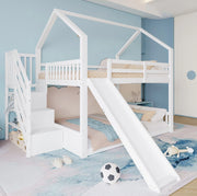 Letto a castello a casetta 140x200 cm con scala contenitore e scivolo bianco