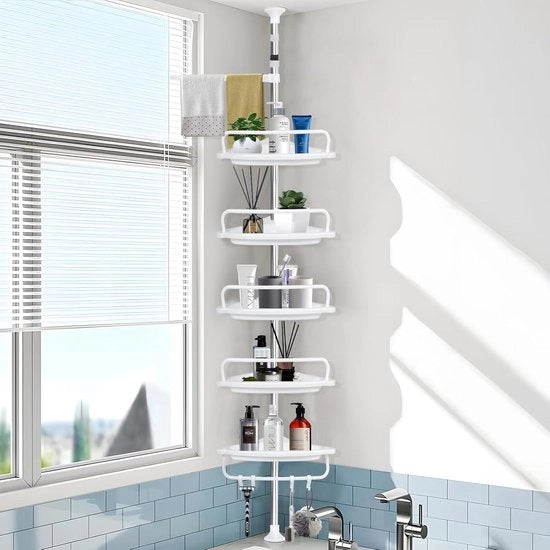 Tavolo doccia telescopico Regolabile altezza 100-310 cm Senza fori Resistente all'ossidazione Acciaio inossidabile - Organizzatore bagno con 5 pannelli - Bianco