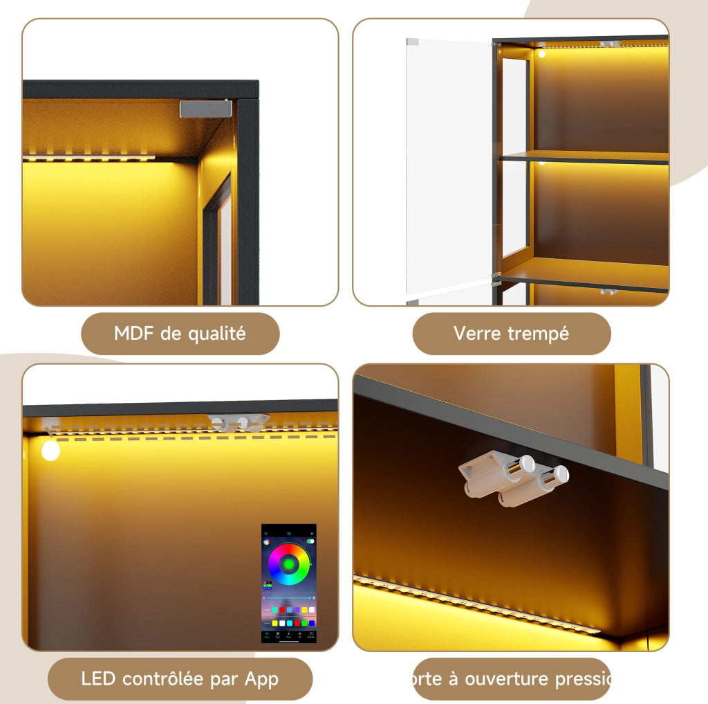 Vetrina LED con 4 ripiani 80 x 35 x 170 cm in MDF e vetro temperato; nera