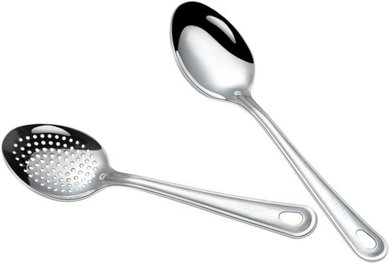 Set di servizio da tavola in acciaio inossidabile a 2 pezzi con cucchiai da servire ergonomici e cucchiai da servire ergonomici, modello 12345, dimensioni 20x10 cm, materiale acciaio inossidabile, peso 0,5 kg.