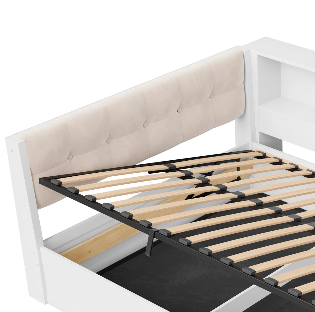 Letto singolo 140x200 cm con contenitore laterale; LED; USB e mensola; bianco