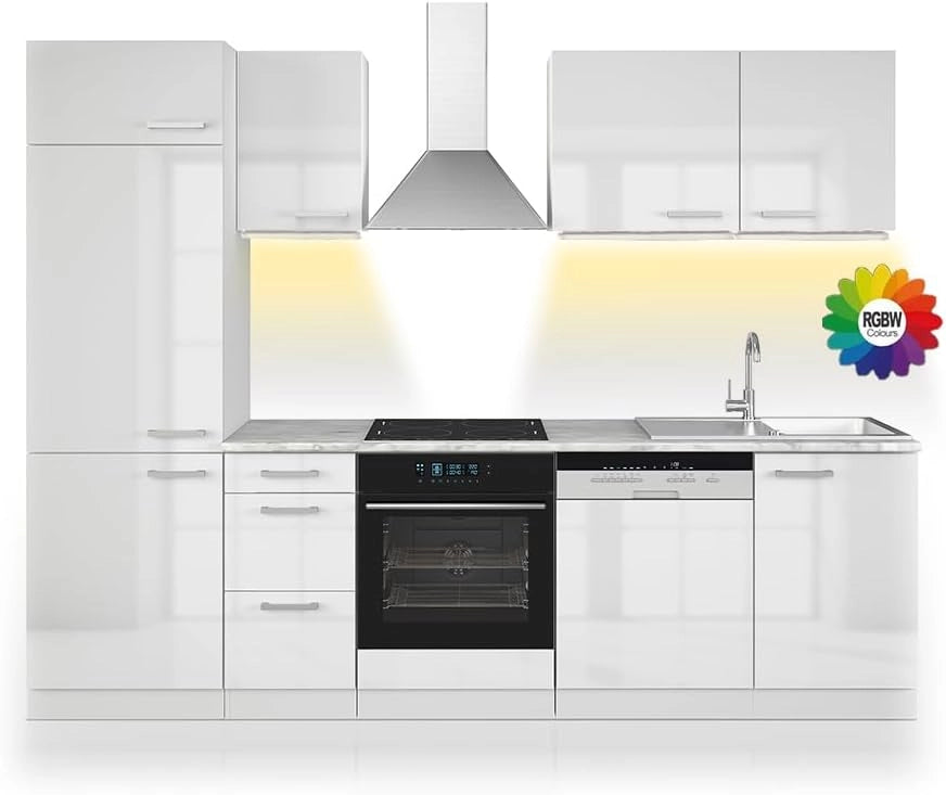 Cucina componibile Optima, Bianco lucido/bianco, 270 cm senza piano di lavoro con striscia LED, adatto per disposizione e ampliamento personalizzati